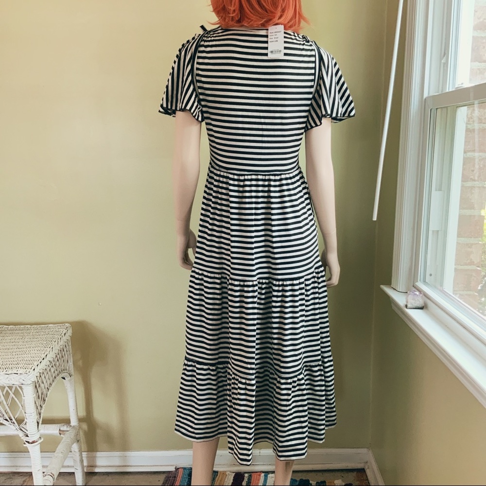 Rare Find! Suzanne Betro Black White Striped Flowy Midi Dress Ruffle Sleeve S - Picture 6 of 16